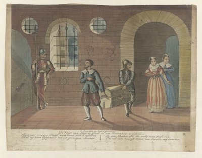 De boekenkist waarin Hugo de Groot verstopt zit, wordt in Slot Loevestein naar de roeiboot gedragen, 1621 door Anonymous