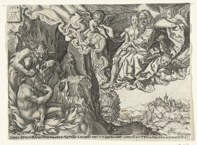De rijke man in de hel ziet Abraham met Lazarus door Anonymous