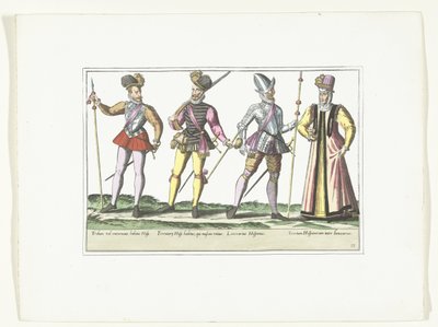 Drie Spaanse militairen in uniform en een marketentster, ca. 1580 door Anonymous