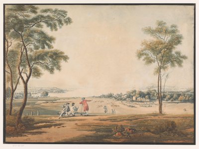 Drie figuren kijken uit op een landschap met tinmijn door Anonymous