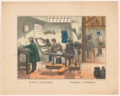 Drukkerij en lettergieterij The Printer & the Lettter-founder Der Buchdrucker & der Schriftgietzer (titel op object) door Anonymous