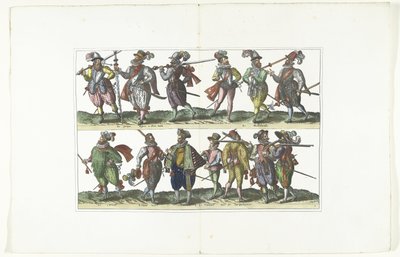 Dubbele plaat met dertien gewapende burgers in uniform volgens de mode in Antwerpen, ca. 1580 door Anonymous