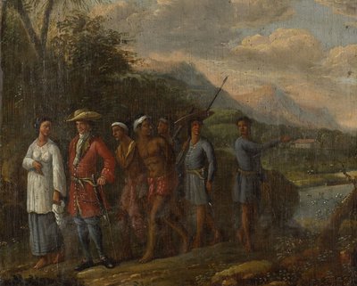 Nederlandse koopman met slaven in een heuvelachtig gebied in Oost-Indië door Anonymous