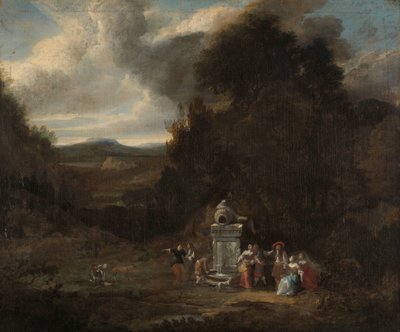 Elegant gezelschap bij een antieke fontein in een open plek door Anonymous