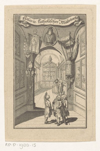 Figuren in galerij met portret en liturgische objecten door Anonymous