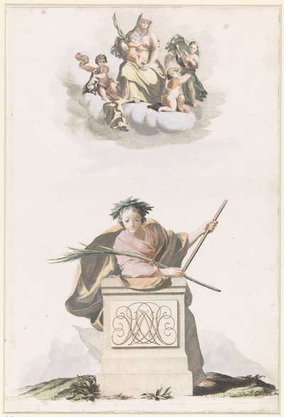 Figuur leunend op een stenen pilaar met initialen en Maria op de wolken door Anonymous