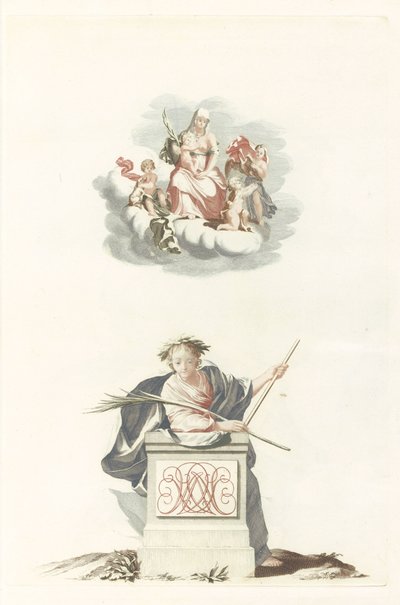 Figuur leunend op een stenen pilaar met initialen en Maria op de wolken door Anonymous