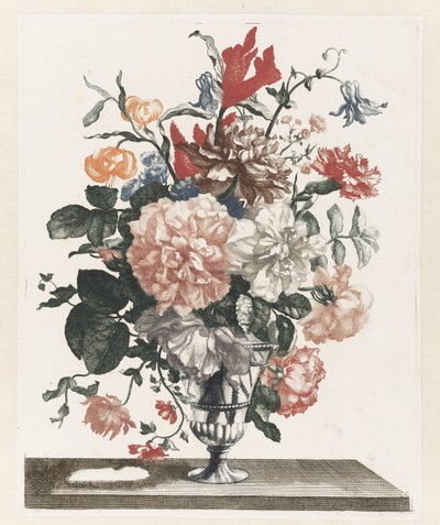Vijf prenten van bloemen in glazen vazen door Anonymous