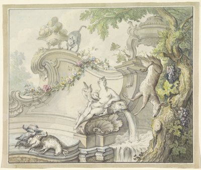 Fontein met vrouw en jachtbuit door Anonymous