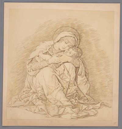 Fotoreproductie van de gravure Zittende Maria met kind door Andrea Mantegna door Anonymous