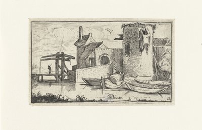Gebouw met vervallen toren bij een ophaalbrug door Anonymous
