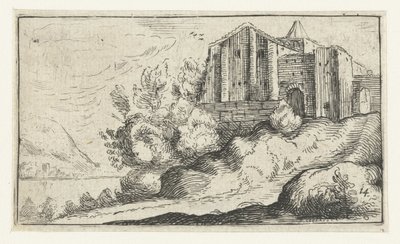 Gebouwen op een rots bij een rivier door Anonymous