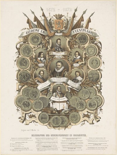 Gedenk- en feestplaat met portretten van Willem I, prins van Oranje, zijn zoons Maurits en Frederik Hendrik, prinsen van Oranje, zijn broers Lodewijk, Adolf en Hendrik, graven van Nassau, en Willem Bloys van Treslong door Anonymous