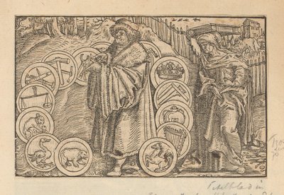 Geleerde omringd door emblemen met heraldiek en de personificatie van Wijsheid door Anonymous