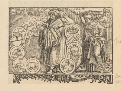 Geleerde omringd door emblemen met heraldiek en de personificatie van Wijsheid door Anonymous