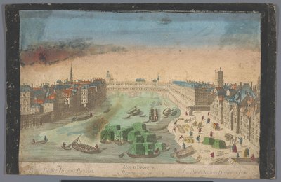 Gezicht op de bebouwde Pont Notre-Dame over de rivier de Seine te Parijs door Anonymous