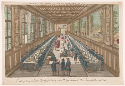 Gezicht op de eetzaal van het Hôtel des Invalides te Parijs met een gezelschap aan een maaltijd door Anonymous