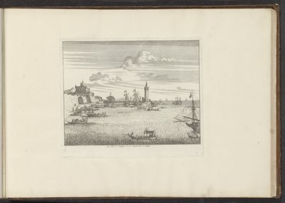 Gezicht op de haven met een vuurtoren en een paleis te Napels door Anonymous