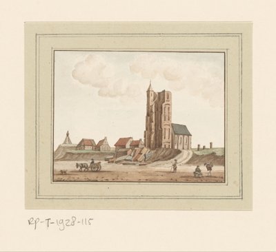 Gezicht op de ingestorte toren te Egmond aan Zee door Anonymous