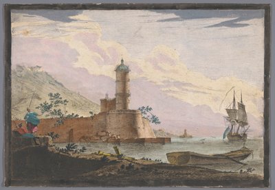 Gezicht op een haven met een toren aan de waterkant door Anonymous
