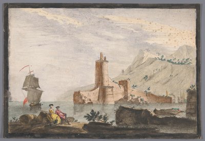 Gezicht op een haven met een toren in de Provence door Anonymous