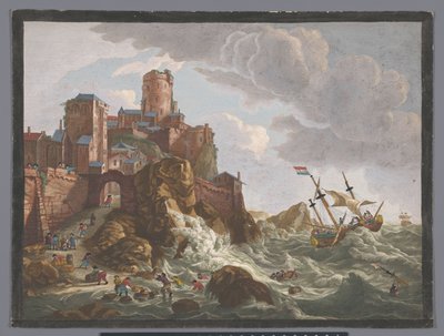Gezicht op een kust met schepen en boten op de klippen te Noorwegen door Anonymous