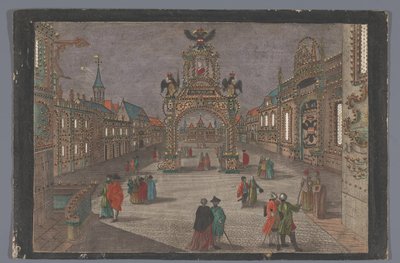 Gezicht op een triomfboog met een tweekoppige adelaar en een portretbuste van Jozef II, Duits keizer, te Frankfurt am Main door Anonymous