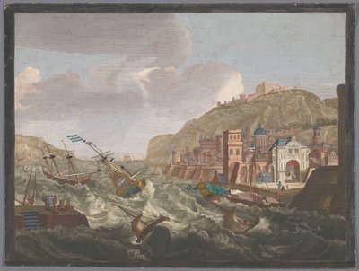 Gezicht op een zuidelijke haven met schepen en boten op het woeste water door Anonymous