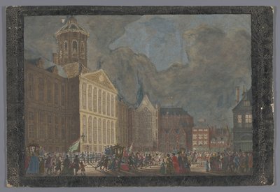 Gezicht op het Stadhuis te Amsterdam met de aankomst van Willem V en Wilhelmina van Pruisen op de Dam op 31 mei 1768 door Anonymous