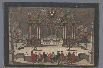 Gezicht op vuurwerk en een triomfboog met een tweekoppige adelaar en de naam van Jozef II, Duits keizer door Anonymous
