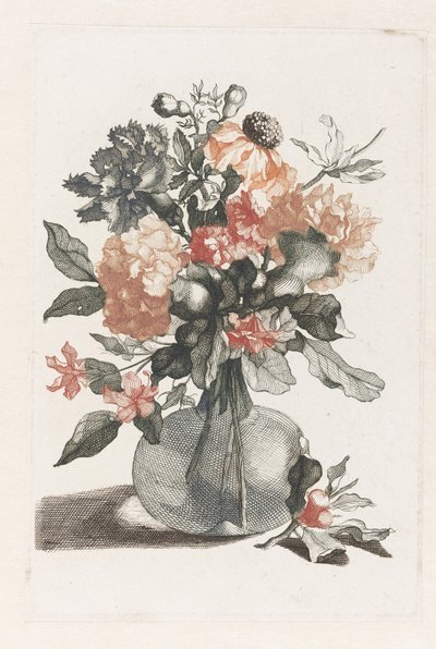 Glazen vaas met bloemen en voor de vaas een tak met bloem door Anonymous