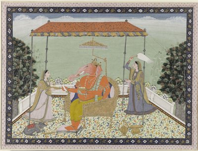 God Ganesa (Ganapati) met olifantslurf met zijn twee dienaressen Siddhi en Buddhi onder een balkijn gezeten door Anonymous