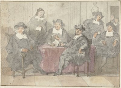Groepsportret van zes heren zittend en staand rond een tafel door Anonymous