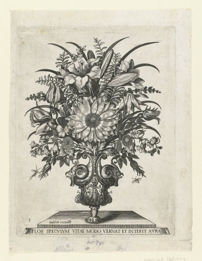 Groteske vaas met bloemen, waaronder een zonnebloem door Anonymous