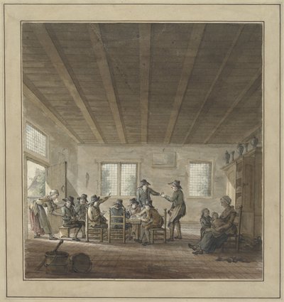 Herberginterieur met een groep kaartende en drinkende boeren door Anonymous