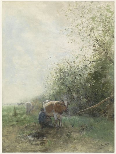 Herder en herderin met hun kudde rustend bij water door Anonymous