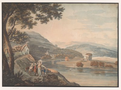 Heuvelachtig landschap met rivier en gezin met paard op een pad door Anonymous