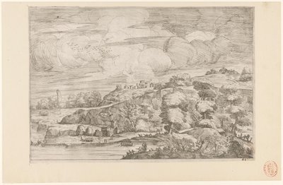 Heuvellandschap aan rivier door Anonymous
