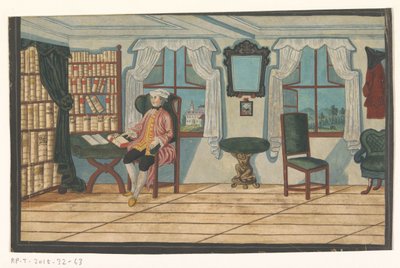 Interieur met een man voor een boekenkast door Anonymous