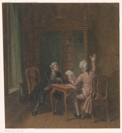 Interieur met twee mannen aan een tafel door Anonymous