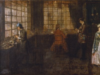 Interieur van een klokkenmakerswinkel (detail) door Anonymous