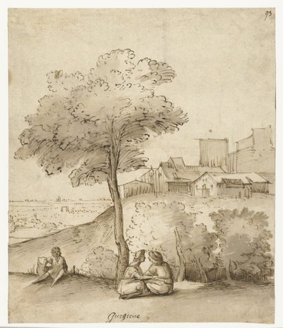 Italiaans landschap met enkele figuren onder een boom door Anonymous