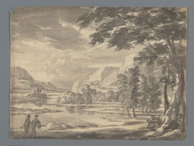 Italiaans landschap met links op de voorgrond twee figuren door Anonymous