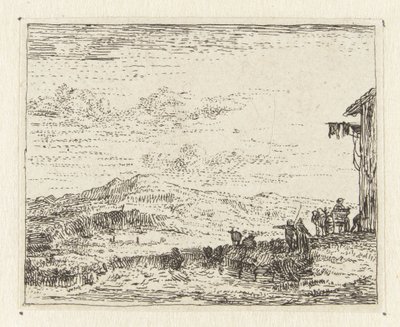 Italianiserend landschap met wagen bij herberg door Anonymous