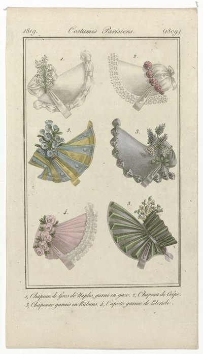 Journal des Dames et des Modes, Parijse Kostuums, 15 april 1819, (1809): 1, Hoed van Gros de Naples door Anonymous