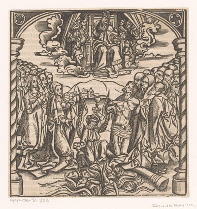 Knielende engel een straal bloed van Christus en een straal melk van Maria in een kelk vangend door Anonymous