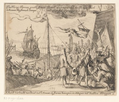 Koning Jacobus II vertrekt met Franse troepen vanuit Brest naar Ierland, 1689 door Anonymous