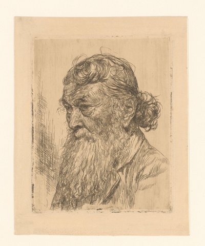 Kop van een oude man met baard en haar in een knot door Anonymous