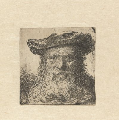 Kop van een oude man met baard en hoed door Anonymous