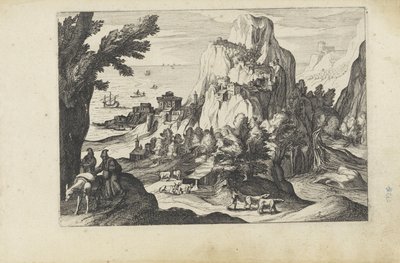 Kustlandschap met een hoge berg (Landschappen met figuren) door Anonymous